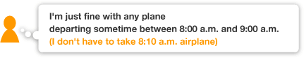 Actually one of the customers who already booked a seat in the airplane didn't have a strong reason to depart at 8:10 a.m.
    	That customer was just fine with any airplane departing sometime between 8:00 a.m. and 9:00 a.m.